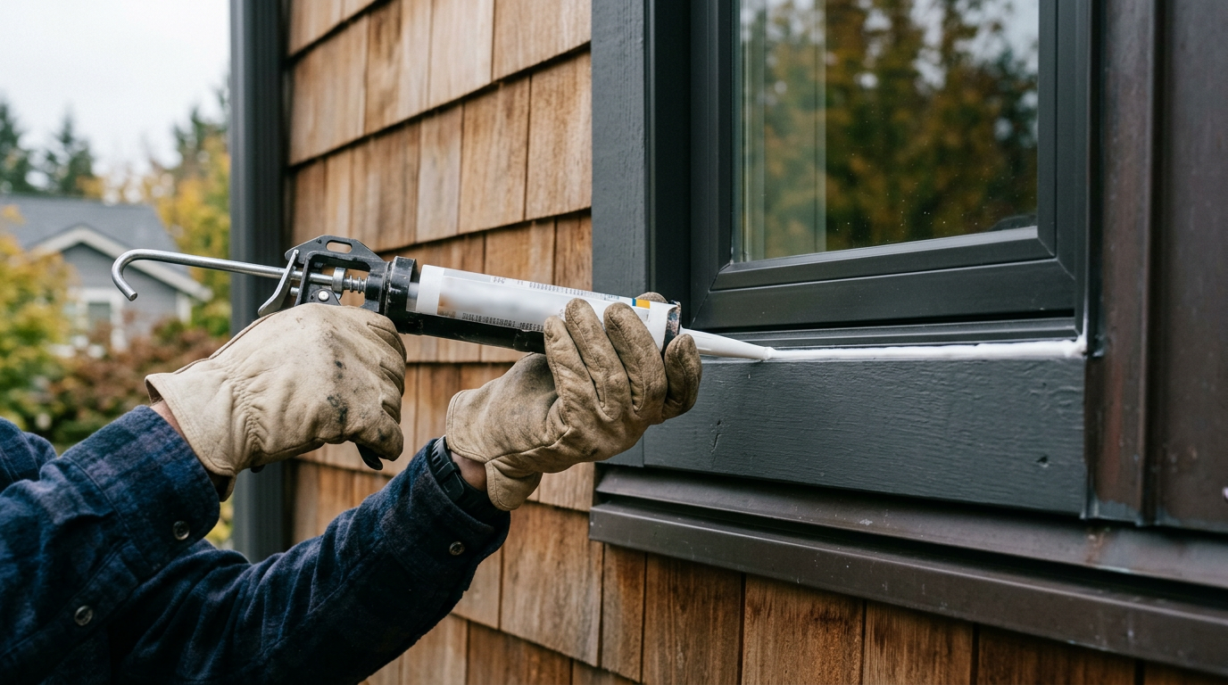 A House Spouse handyman applies fresh exterior caulk to a window frame on a home in Issaquah, WA, as part of fall maintenance.