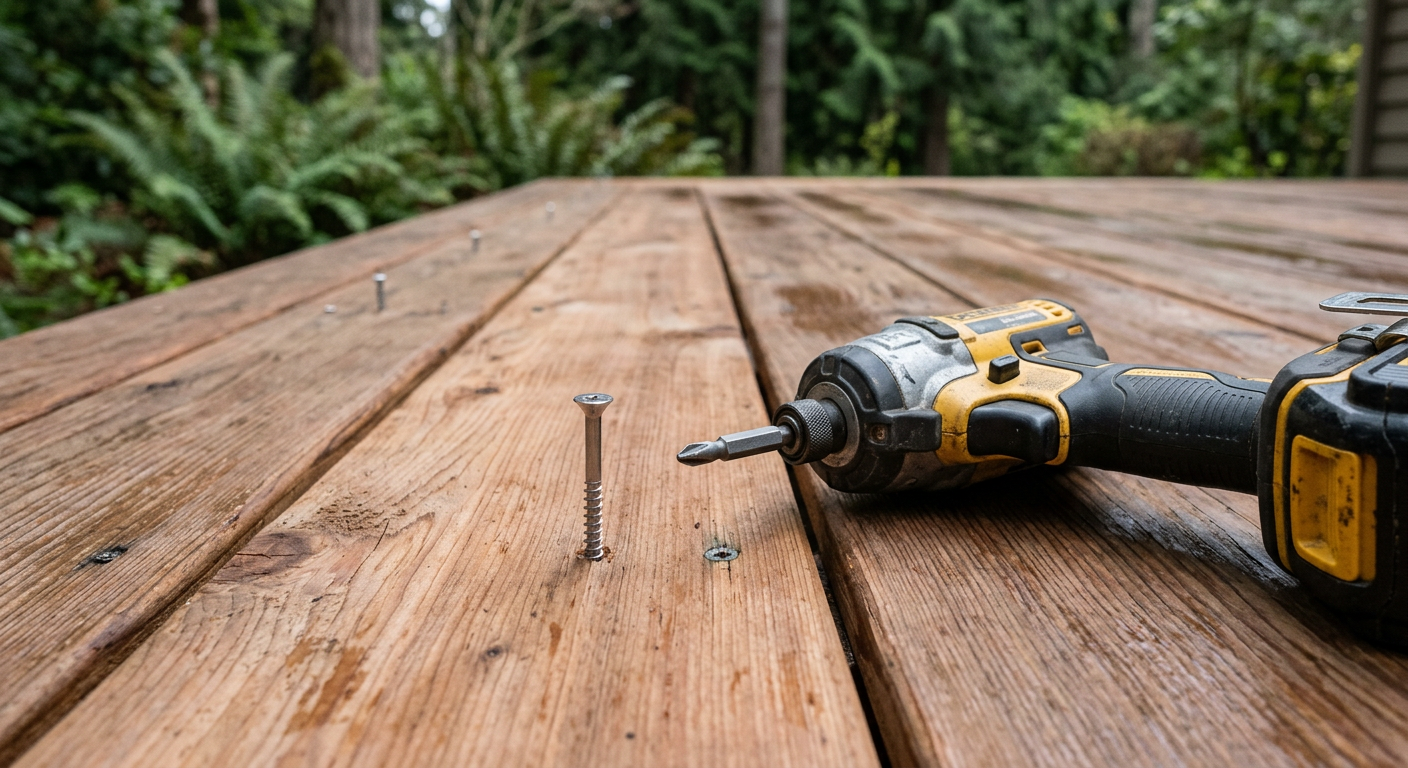 A perfectly installed stainless steel screw on a cedar deck board, showing quality handyman services in Issaquah, WA.