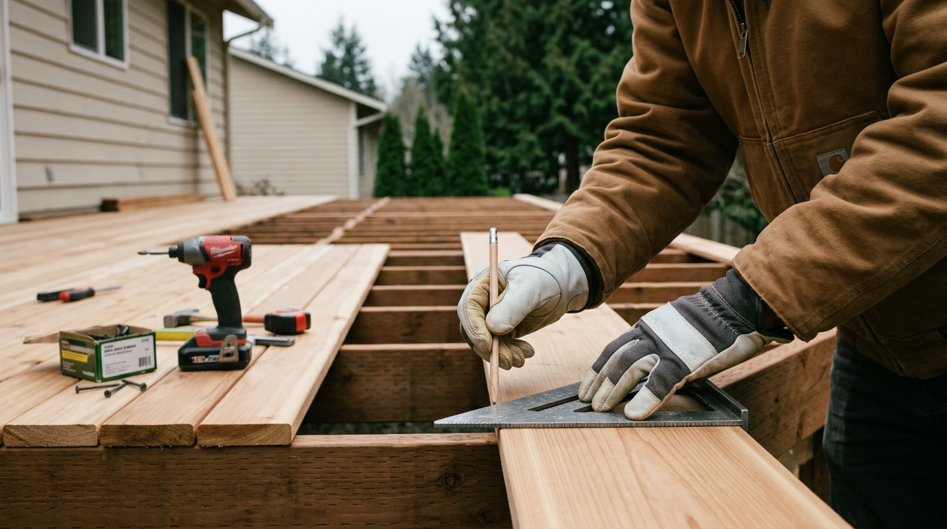 Marking a cedar deck board for a deck repair, part of professional handyman services in Issaquah, WA.