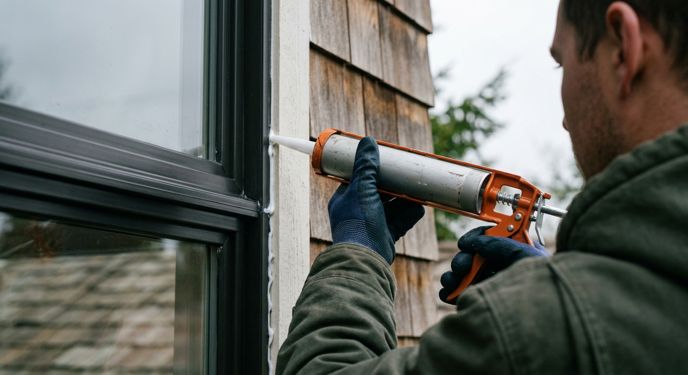 A House Spouse handyman applying fresh caulk to a window frame on a home in Lake Forest Park, WA.