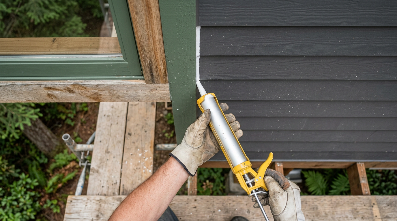 Applying a bead of caulk to a window frame, an example of handyman services in Lake Forest Park, WA.