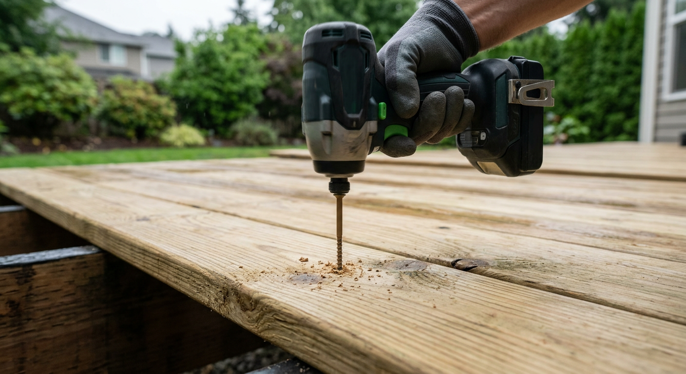 A gloved hand using an impact driver to install a new deck board for a home in Lake Forest Park, WA.