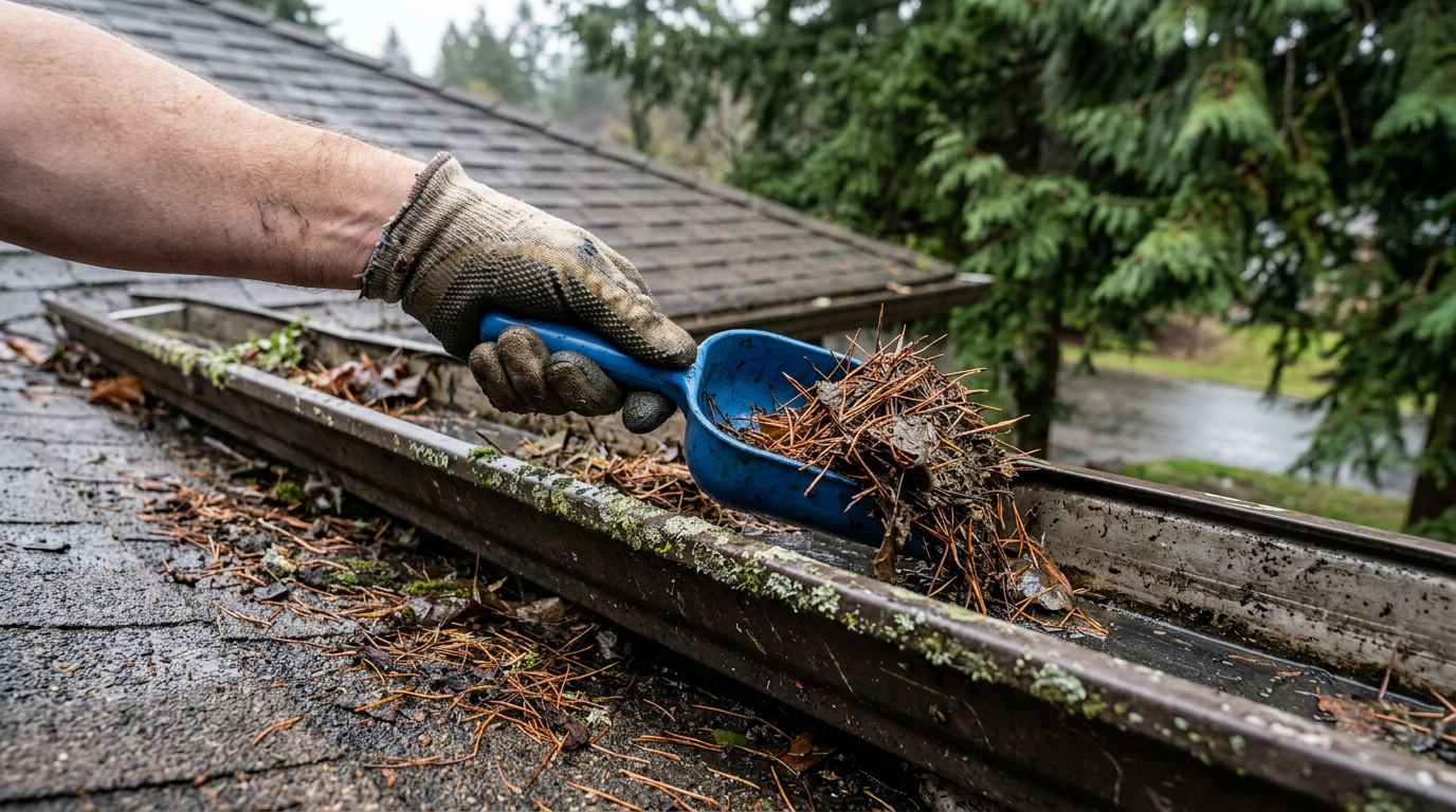 Hand scooping damp fir needles from a gutter as part of fall handyman services in Marysville, WA.