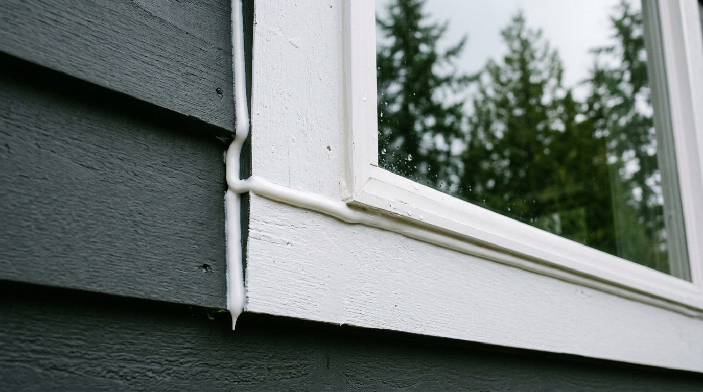 A freshly sealed window on a Marysville home, showing the importance of exterior handyman services before the rainy season.