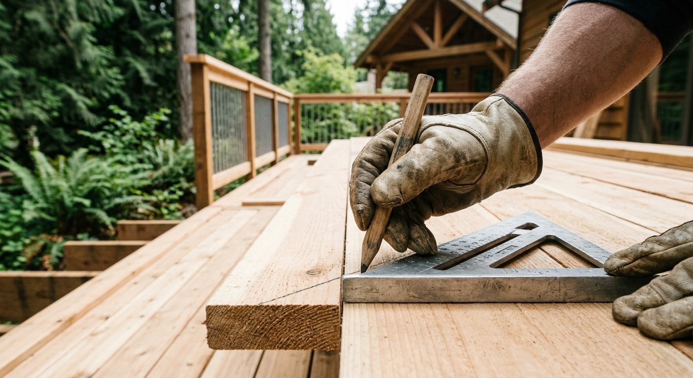 Marking a cedar deck board for repair as part of handyman services in Marysville, WA.