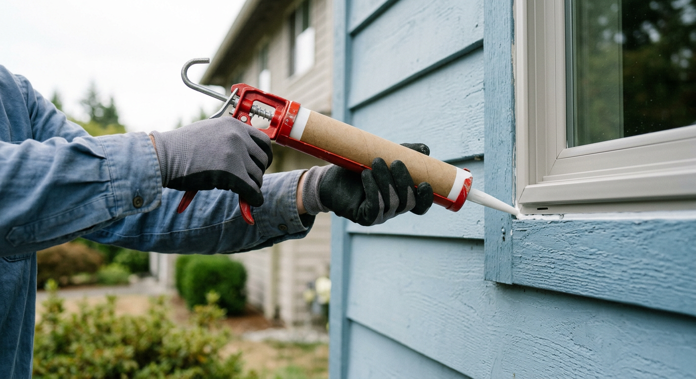 A House Spouse handyman applying fresh caulk to an exterior window in Marysville, WA.