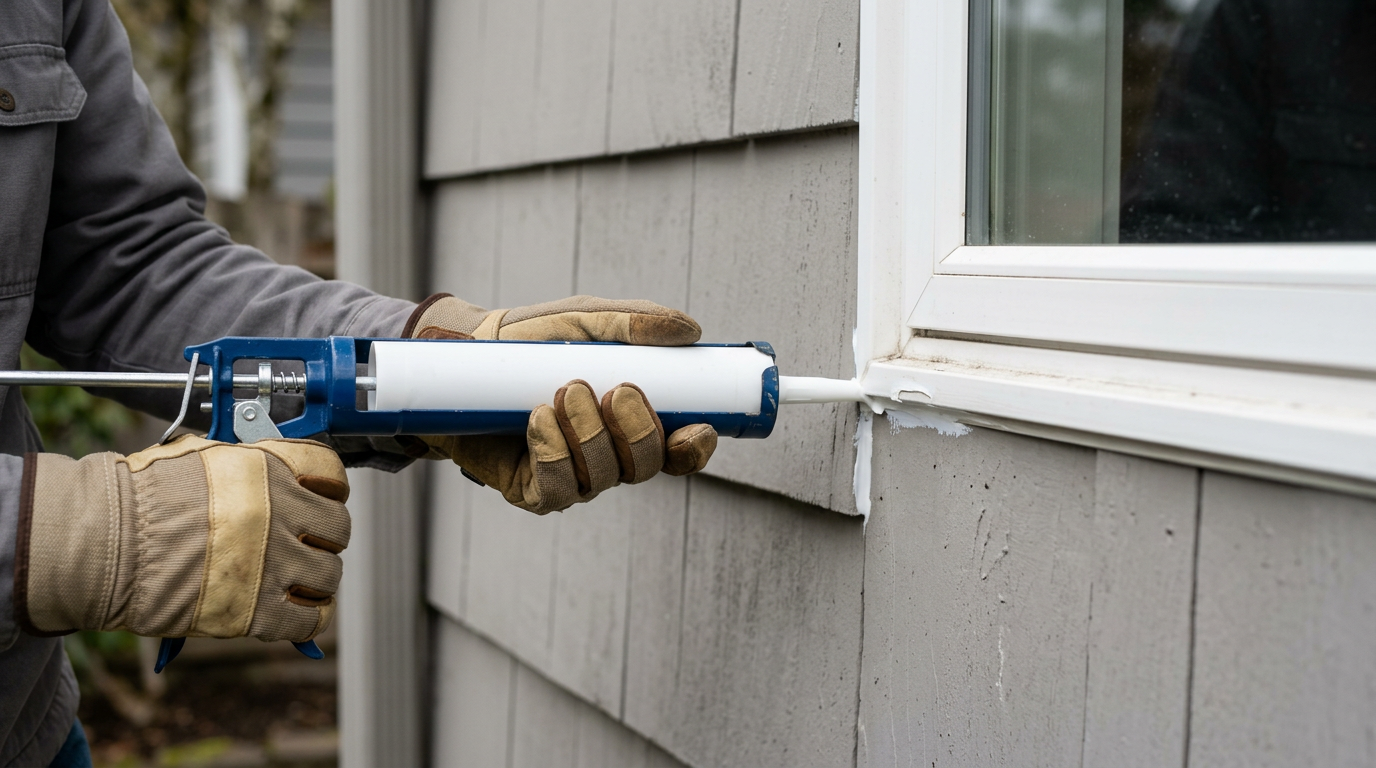 Applying fresh exterior caulk to a window frame as part of fall handyman services in Mountlake Terrace, WA.