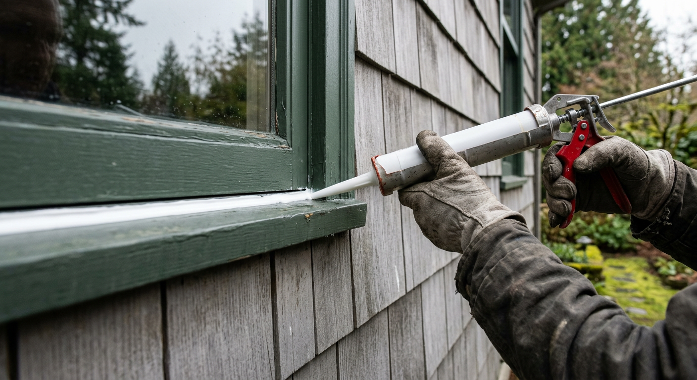 A skilled handyman applying exterior caulk to a window frame on a home in Mountlake Terrace, WA.
