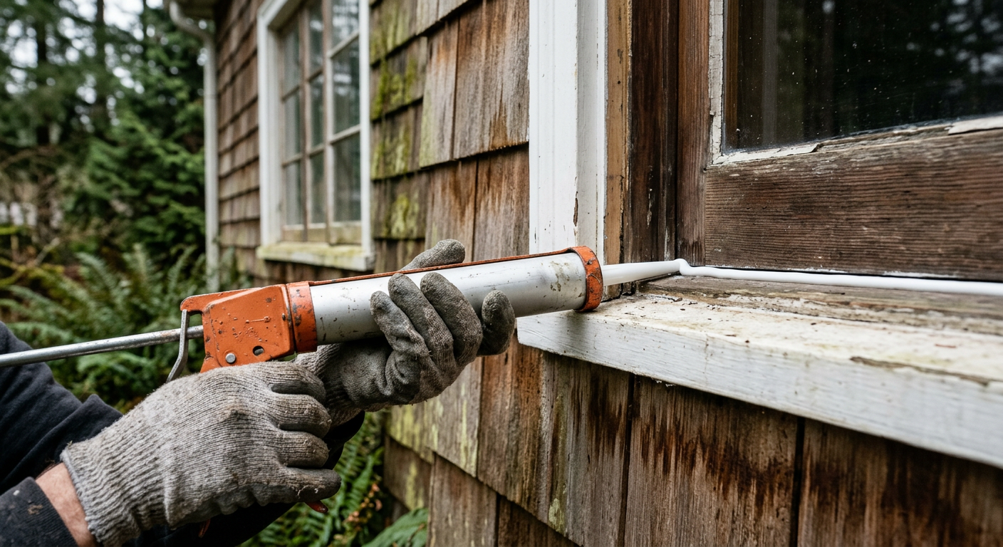 Applying fresh exterior caulk to a window frame on a home in Mountlake Terrace.