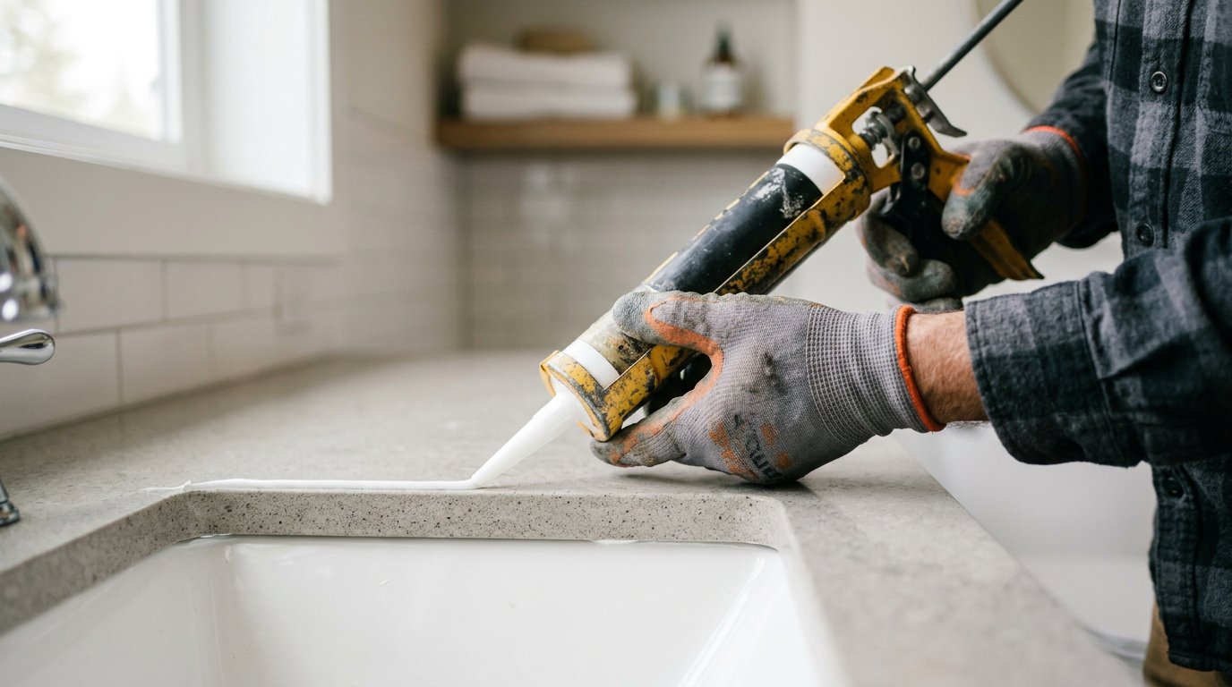 Applying new caulk around a bathroom sink, a common handyman service in Mountlake Terrace.