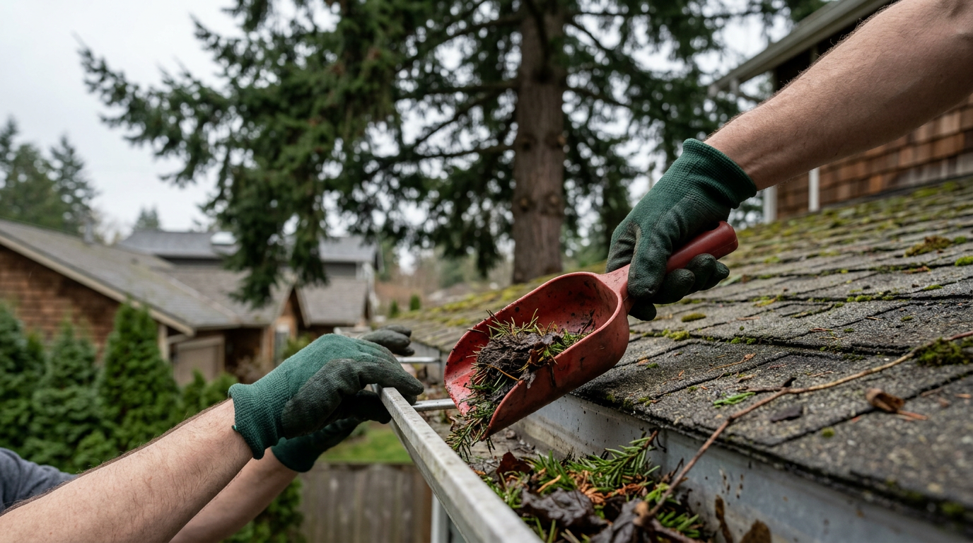 Handyman's gloved hands cleaning pine needles from a rain gutter on a home in Seattle, WA during a fall maintenance visit.