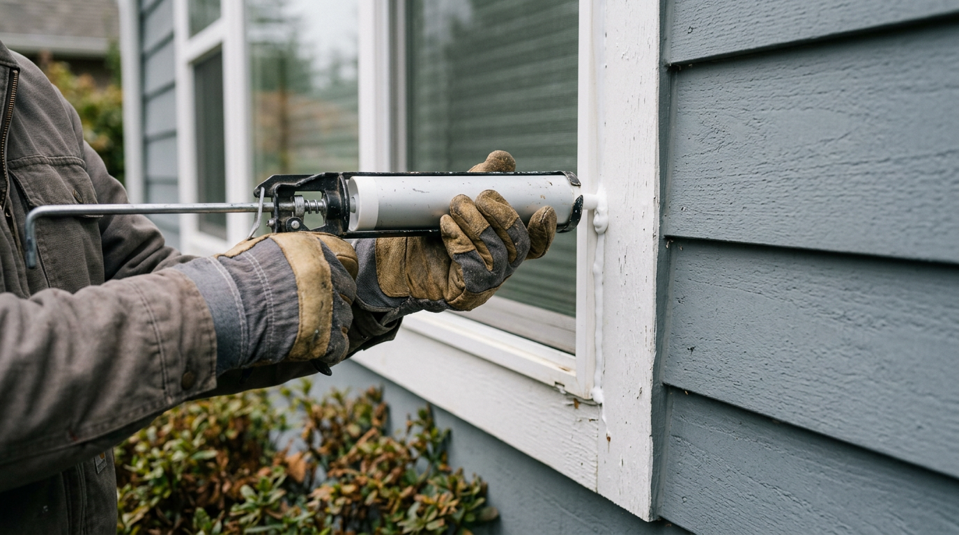 Applying fresh exterior caulk to a window frame on a Seattle home as part of summer handyman services.
