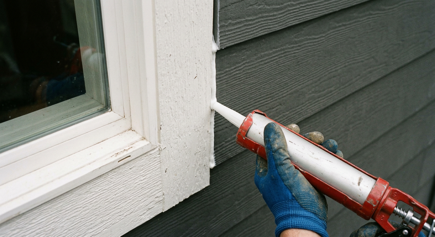 Applying exterior caulk to a window frame as part of handyman services in Seattle.