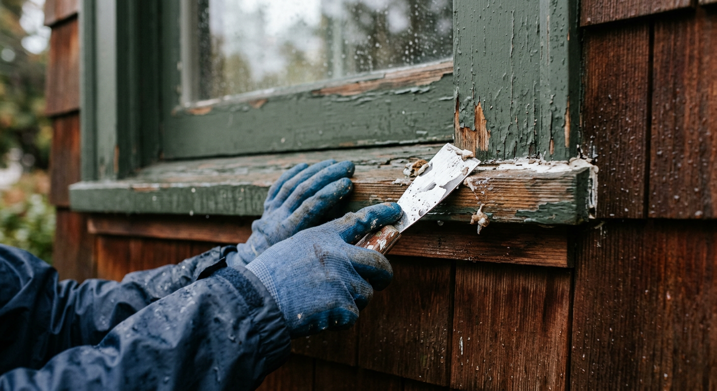 Close-up of exterior window trim caulking repair on a Seattle WA home during fall rain
