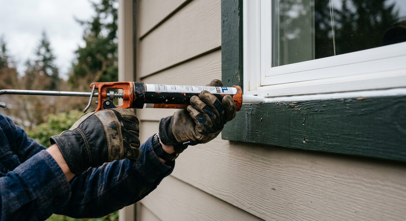 Applying a bead of caulk to a window frame as part of handyman services in Bothell, Washington.