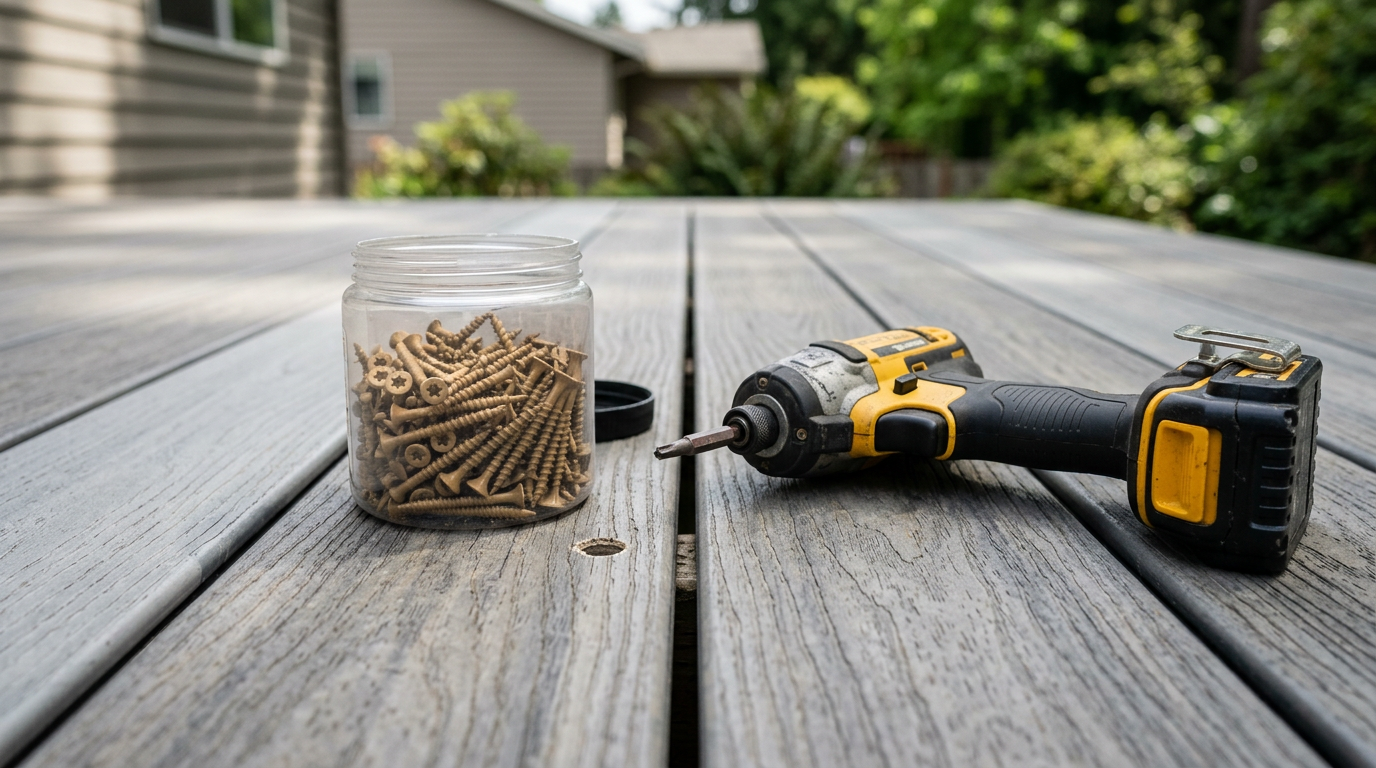 A close-up of a new composite deck board with an impact driver, ready for a handyman project in Woodinville, WA.