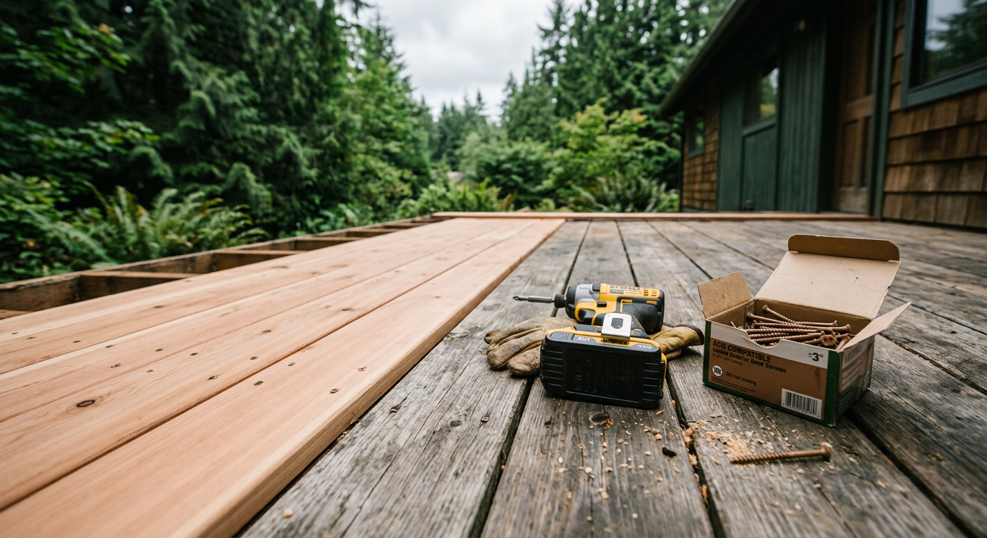 A close up of deck repair tools on a Woodinville, WA home, showing the importance of fall handyman services.