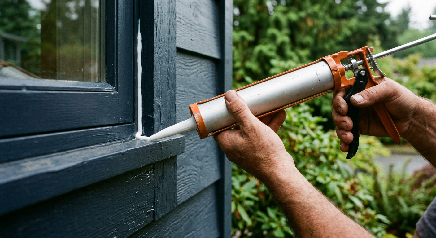 Applying a fresh bead of caulk to a window frame as part of fall handyman services in Woodinville, WA.