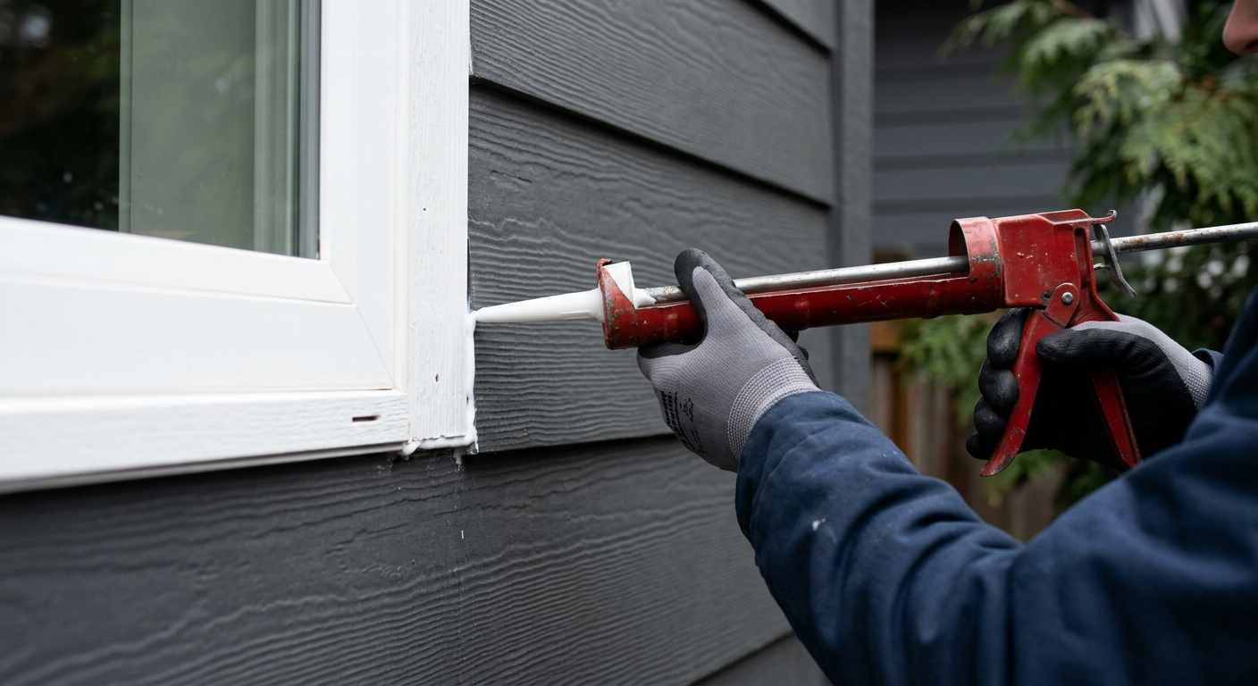 Applying fresh exterior caulking to a window frame during a home health assessment in Bothell, Washington.