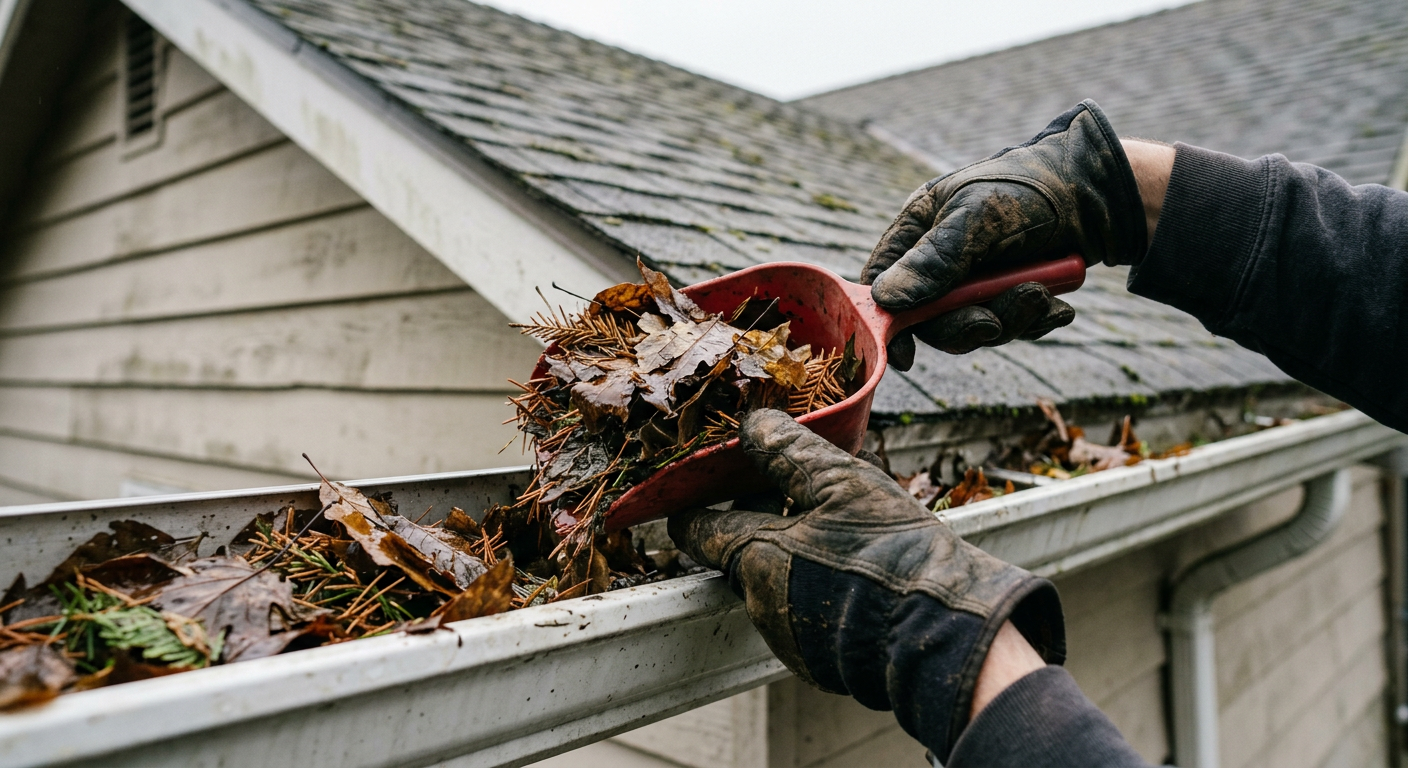 Clearing wet leaves from a home's gutters in Bothell, WA, as part of a fall home health assessment.