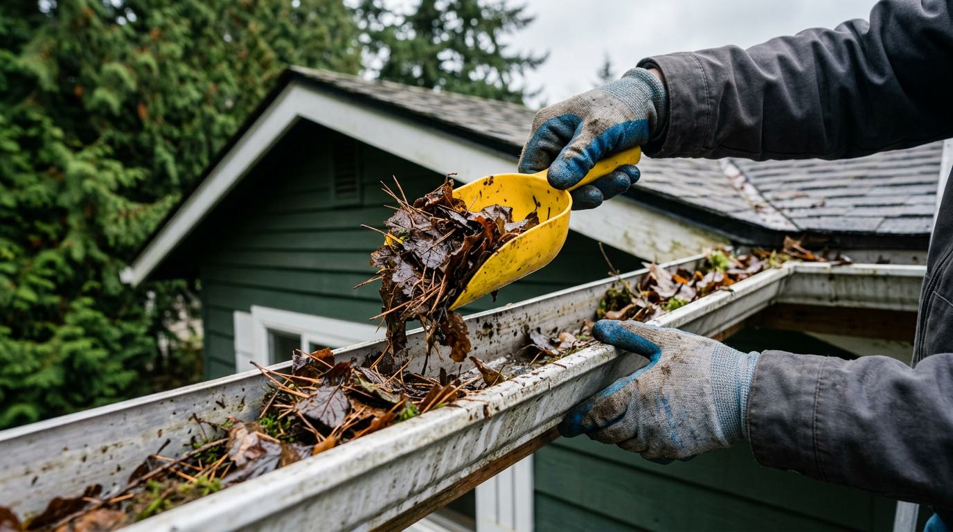 Clearing gutters as part of a fall home health assessment on a home in Marysville, WA.