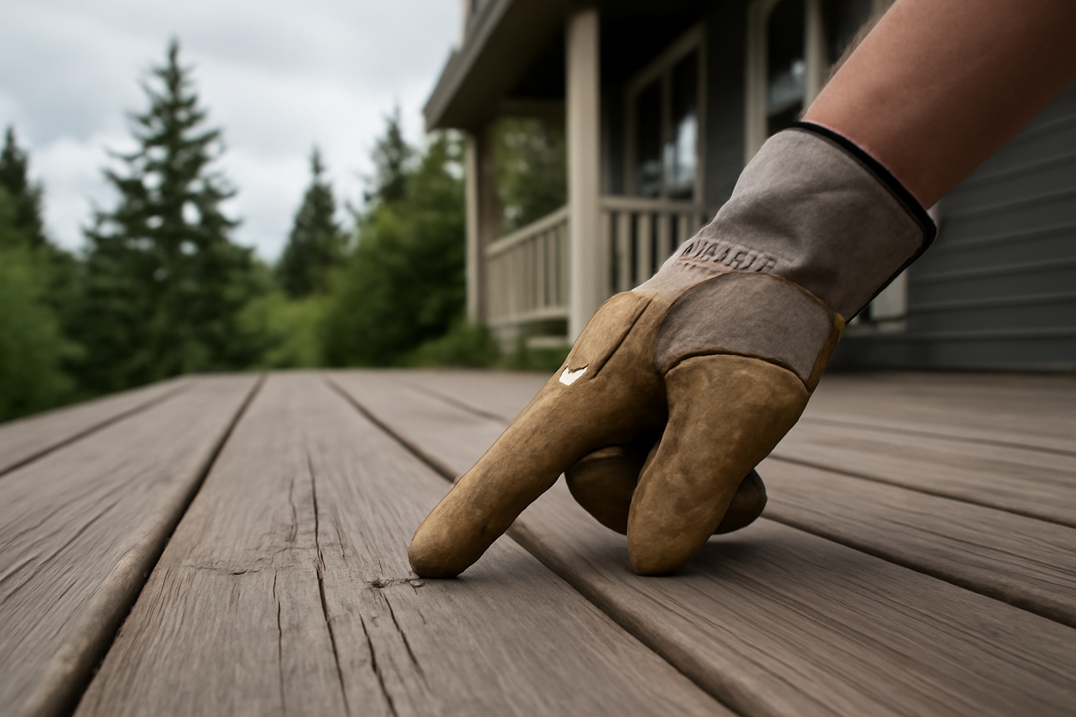 A House Spouse technician inspecting a wooden deck during a Home Health Assessment in Everett, WA.