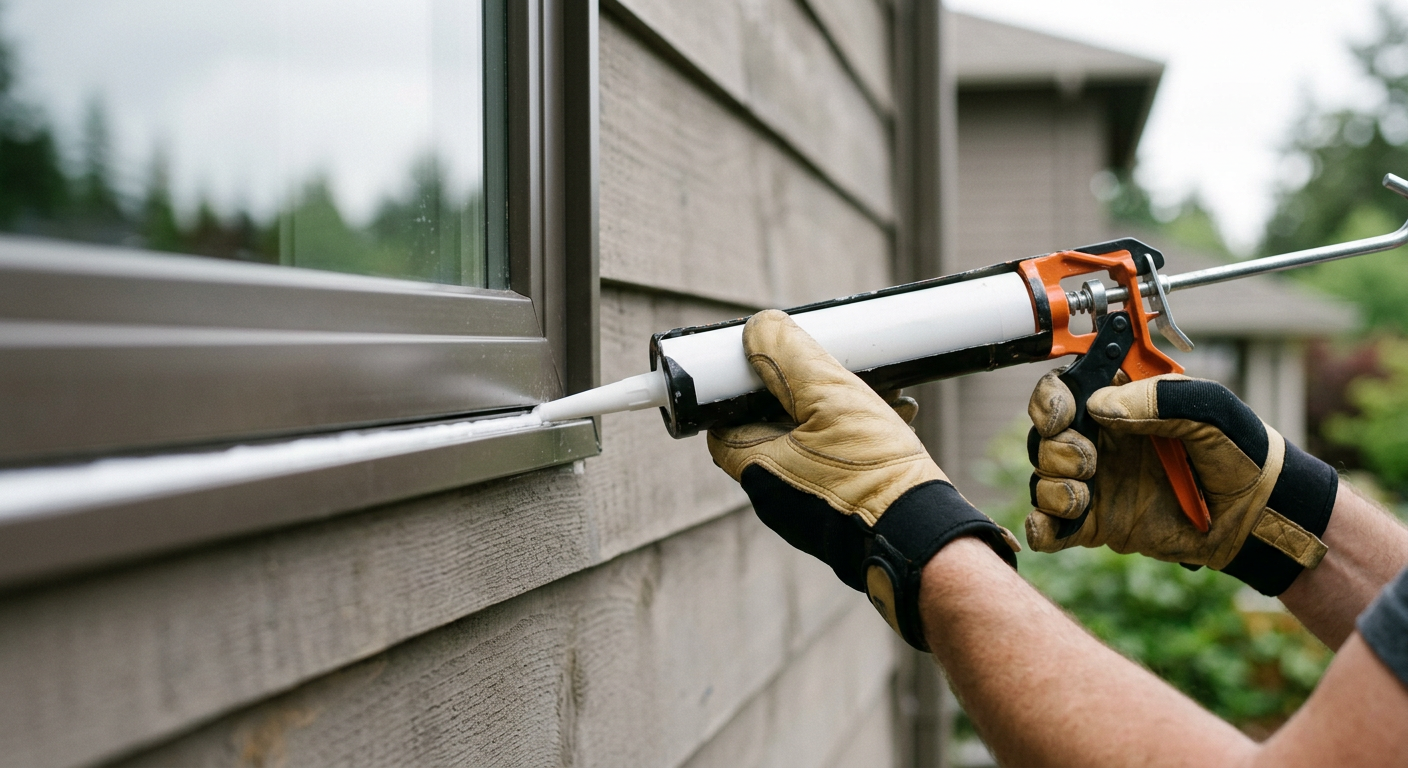 Applying a bead of caulk to a window frame during a Home Health Assessment in Issaquah, WA.