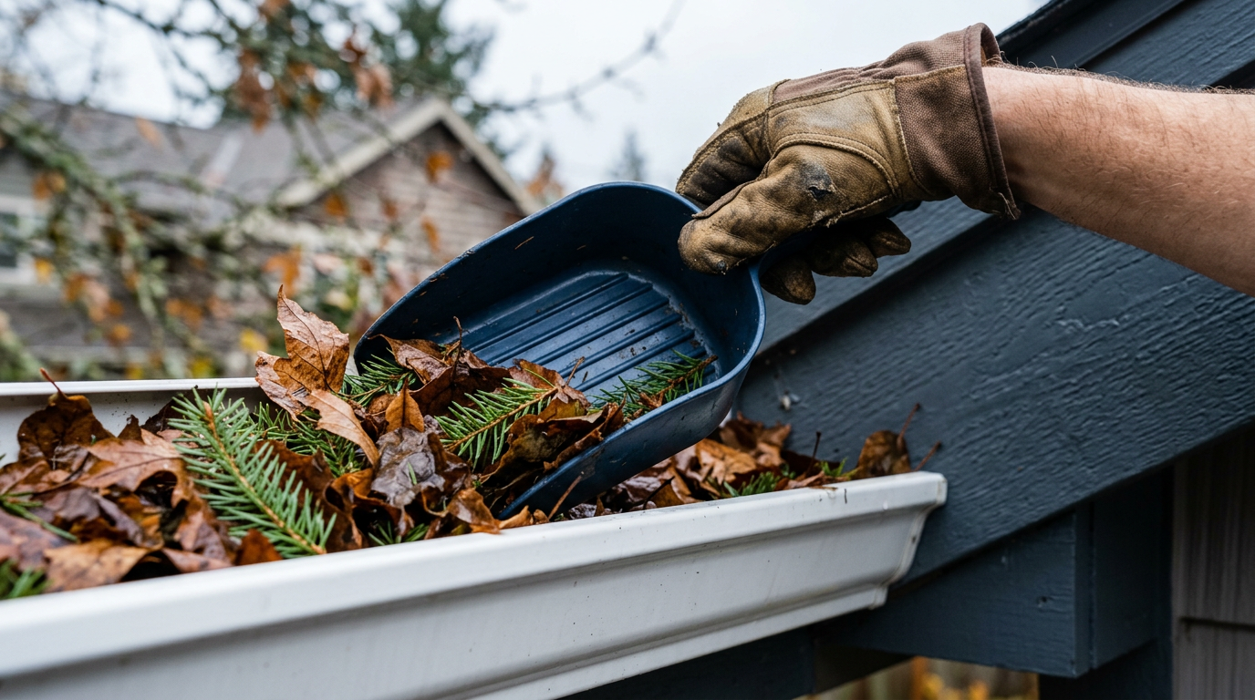 Handyman clearing leaves from the gutters of an Issaquah, WA home during a fall Home Health Assessment.