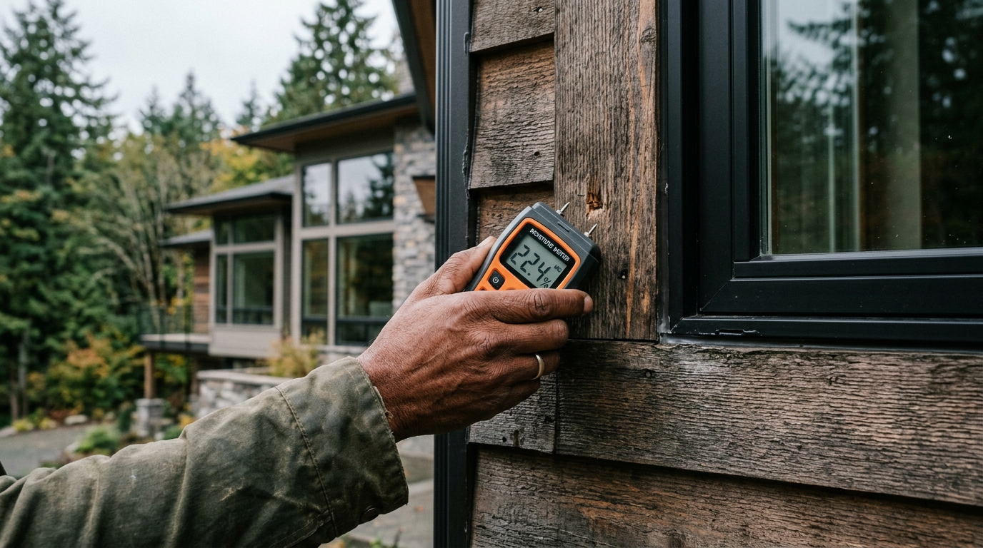 Using a moisture meter to check for water damage on the siding of an Issaquah, WA home during a fall home health assessment.
