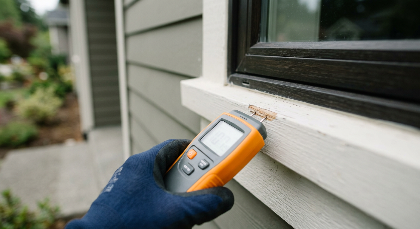 A House Spouse technician performing a Home Health Assessment in Issaquah, WA by using a moisture meter on a window sill.