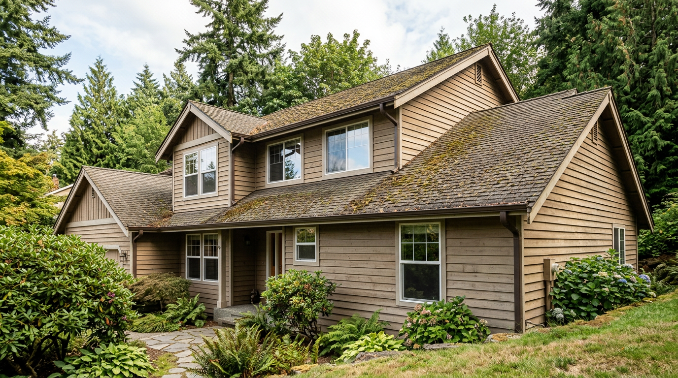 Exterior of a two-story home in Lake Forest Park, WA, undergoing a home health assessment in the summer.