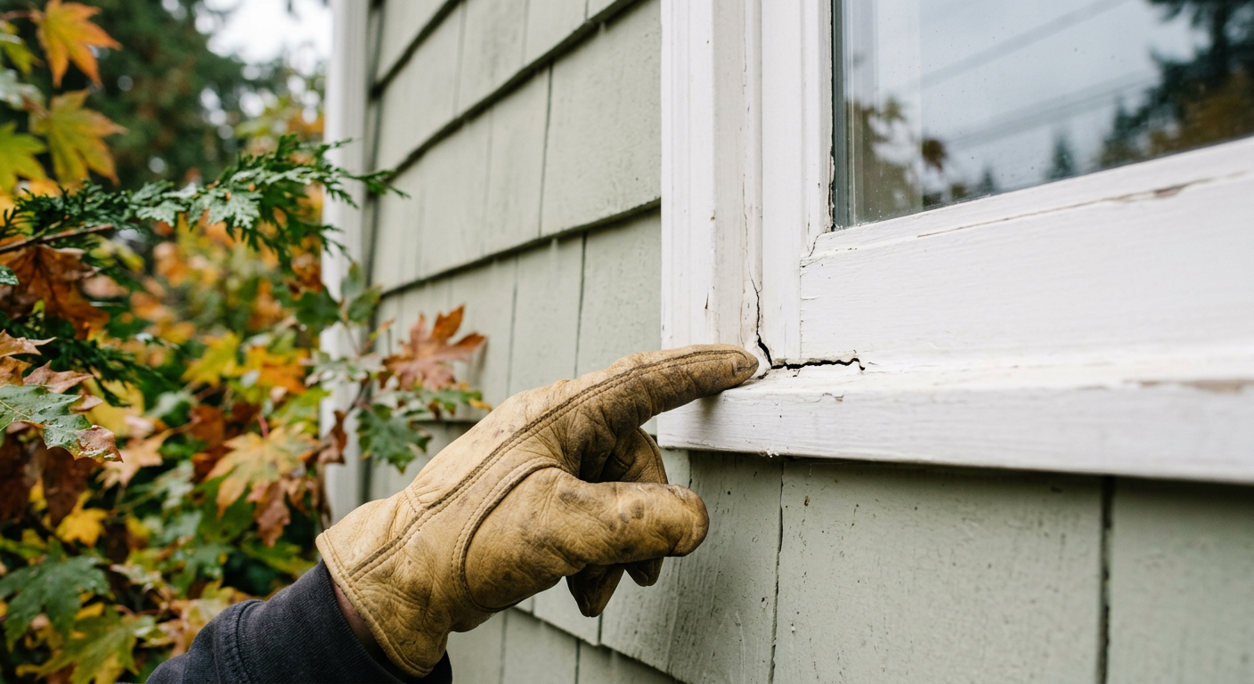 A close-up of a hand assessing the condition of window caulk on a Lake Forest Park home.