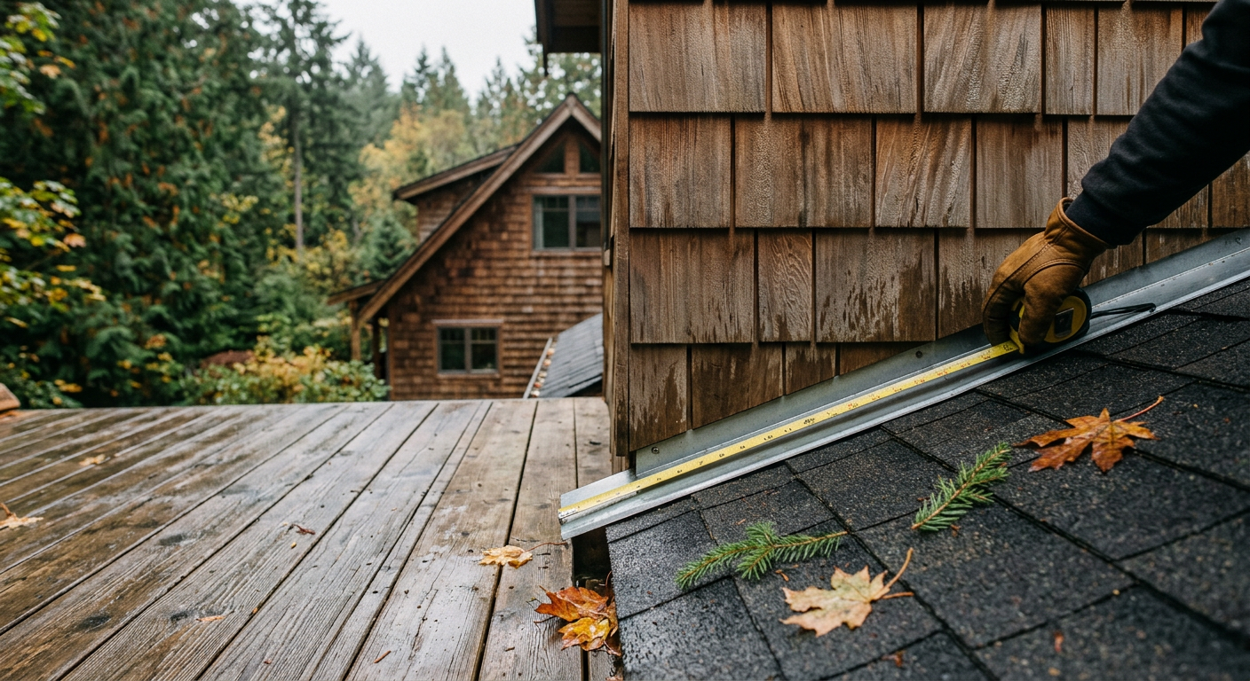 Close-up of clean roof flashing and gutters on a cedar-sided home in Lake Forest Park WA during autumn