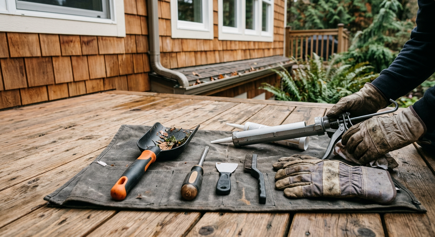 A collection of tools for a Home Health Assessment laid out on the deck of a Lake Forest Park home.