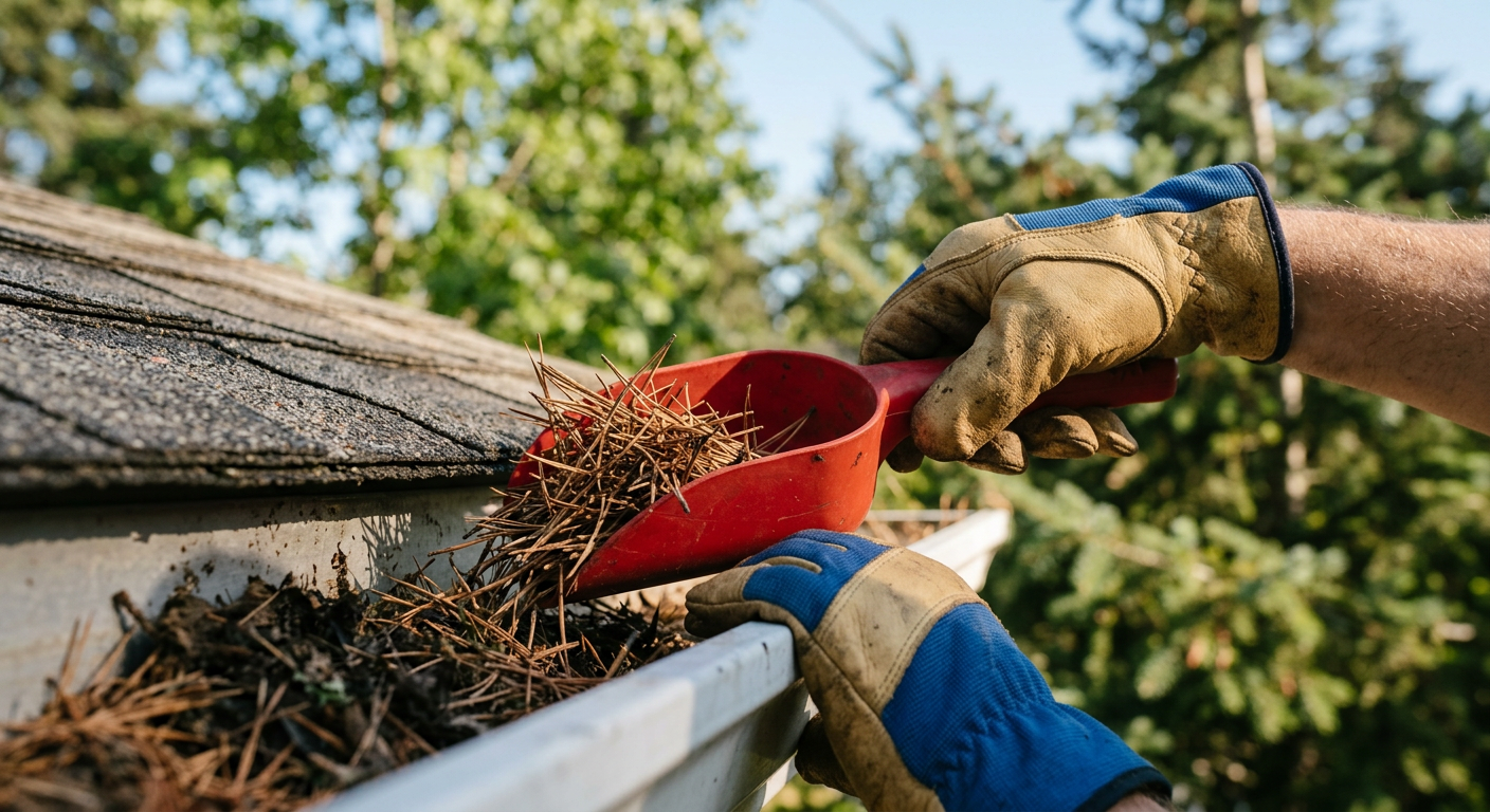 Cleaning gutters with a scoop as part of a home health assessment in Marysville, WA.
