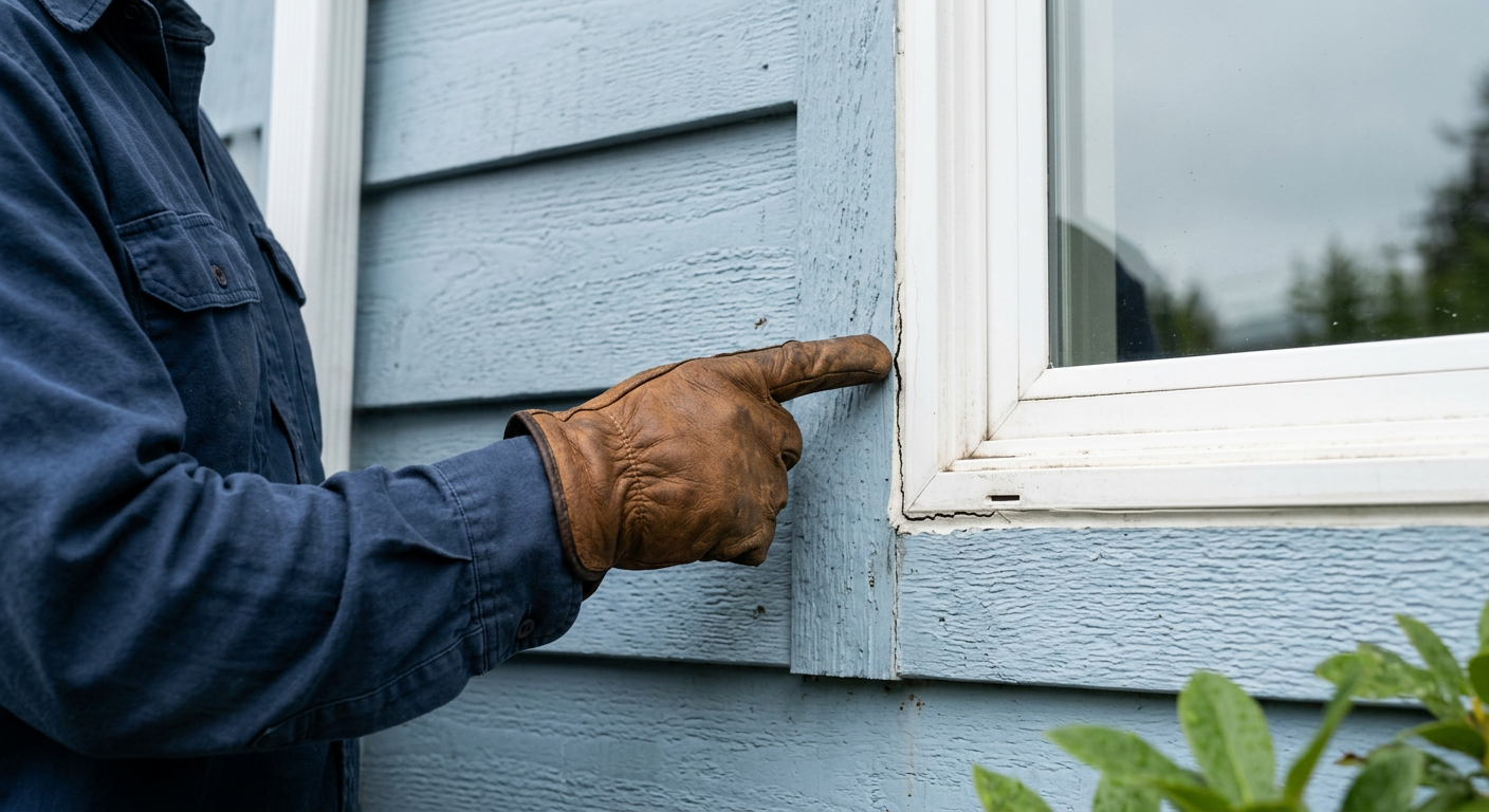 A close-up view of a failing caulk seal on a window of a home in Marysville, a common issue found during a home health assessment.