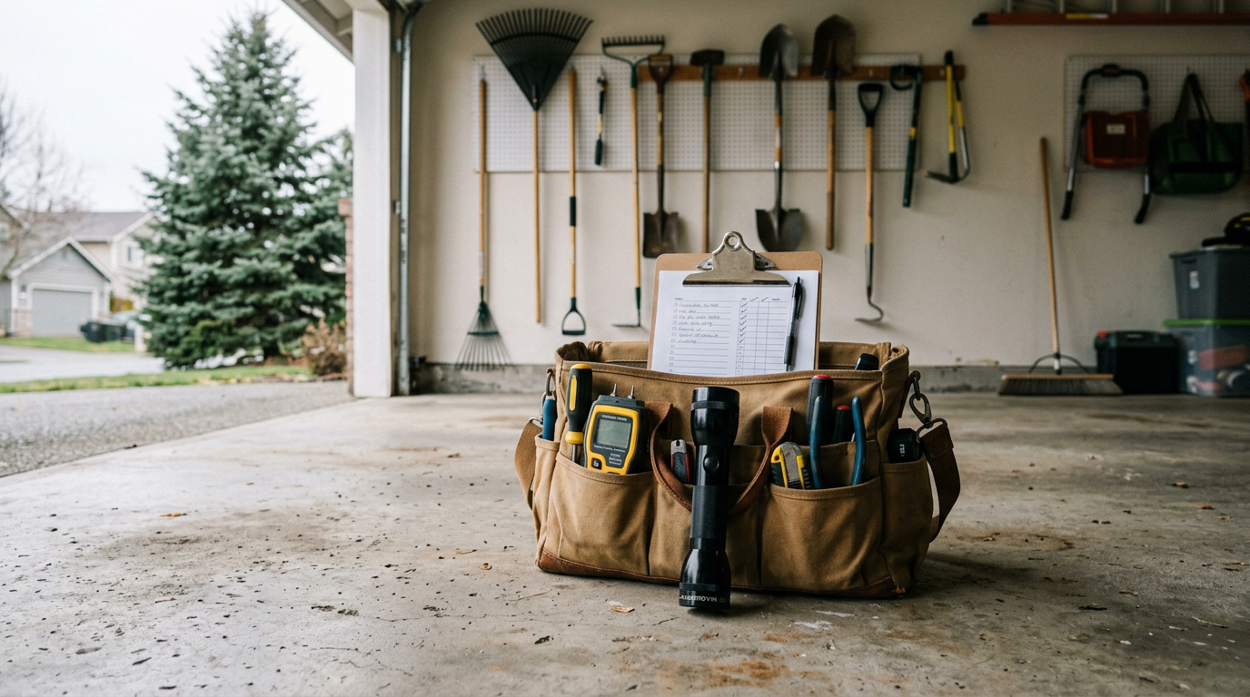 A tool bag with a moisture meter and flashlight, prepared for a Home Health Assessment in Mountlake Terrace, WA.