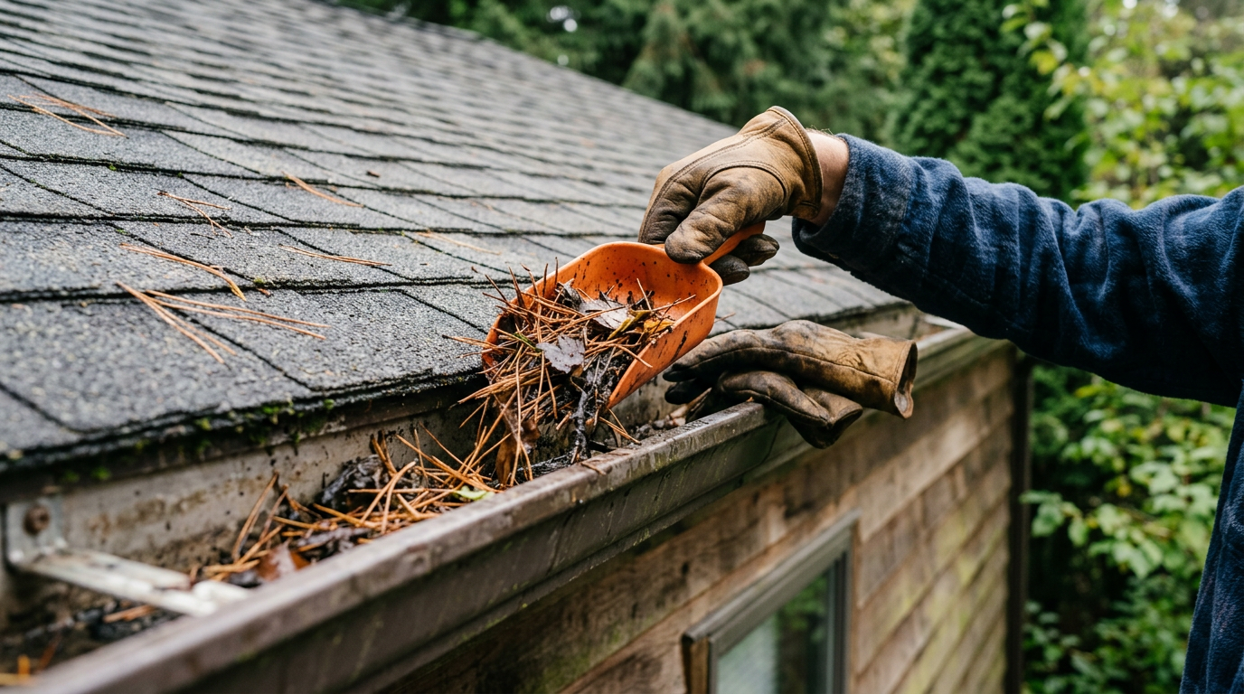 Clearing fir needles from the gutters of a home in Mountlake Terrace during a home health assessment.