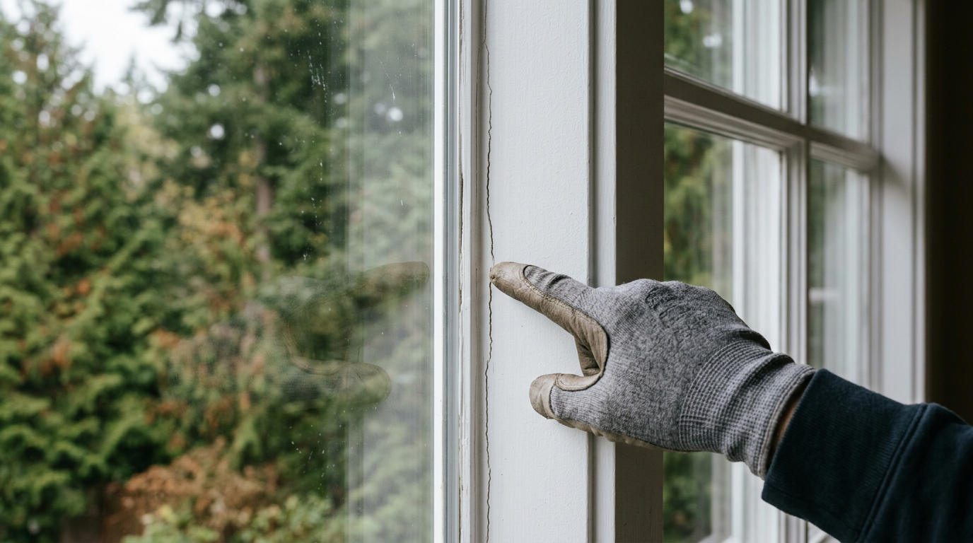 A close-up of a failing caulk seam on a window frame, a common issue found during a home health assessment in Woodinville, WA.