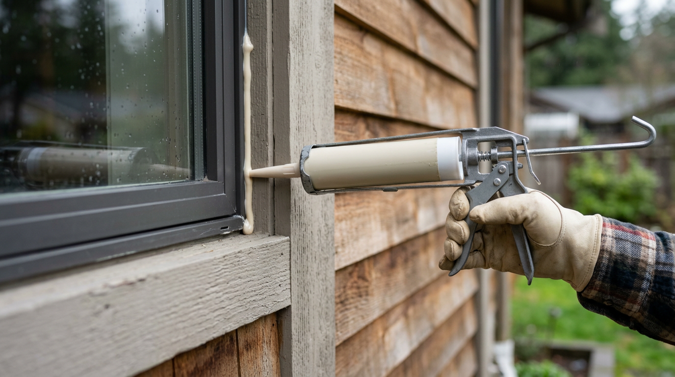 Applying exterior sealant to a window frame as part of a home maintenance program in Ballard.
