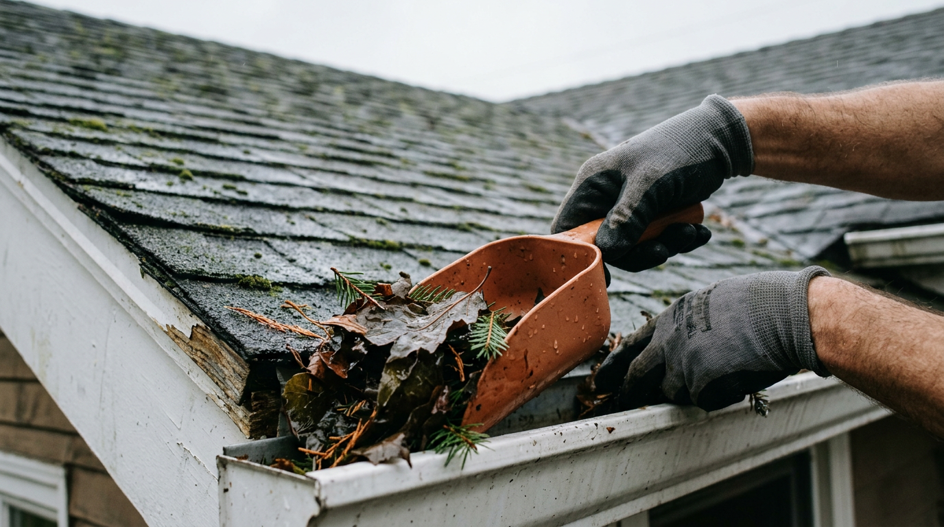 Clearing wet fall leaves from a rain gutter during home maintenance in Ballard, WA.