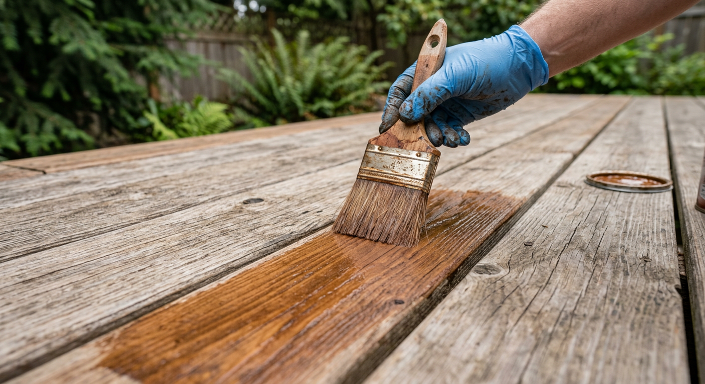 Applying protective stain to a cedar deck as part of a home maintenance program in Brier, WA.