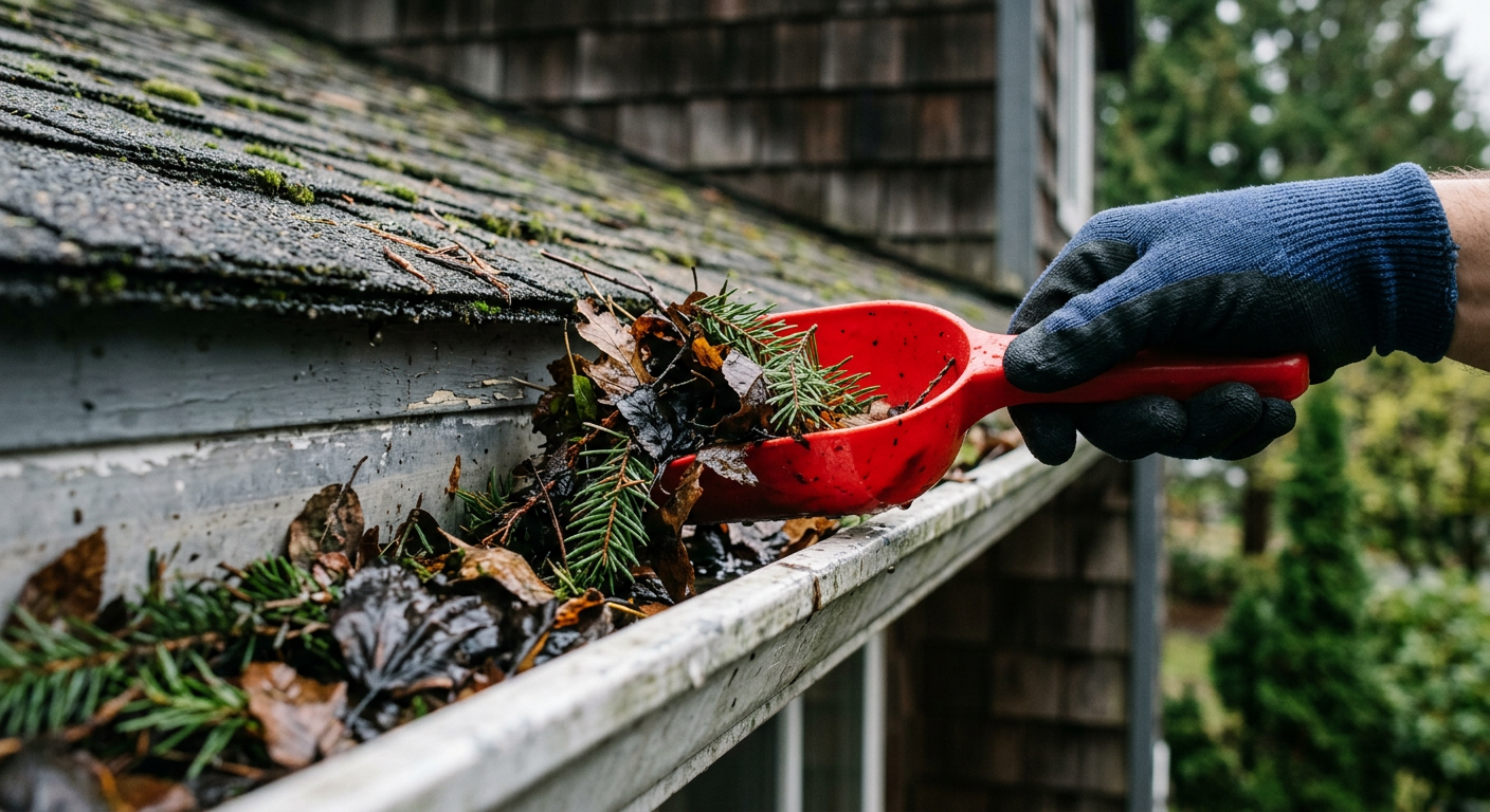 Gloved hand cleaning leaves from a gutter as part of a Brier home maintenance program.