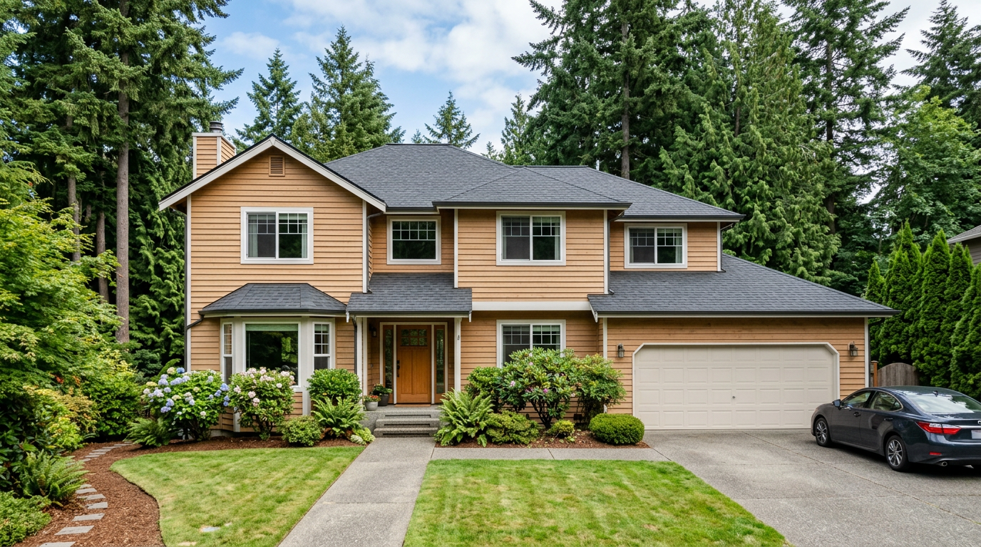 The well-maintained exterior of a two-story home in Brier, WA, highlighting the importance of home maintenance programs.