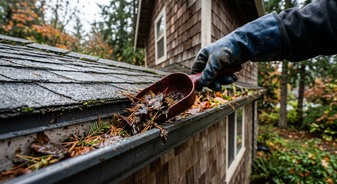 A handyman cleaning gutters as part of a home maintenance program in Brier, WA.