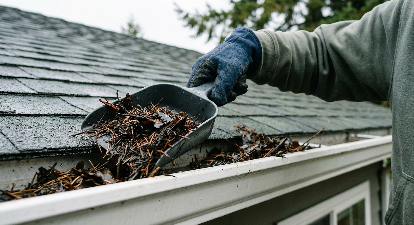 A handyman clearing wet fir needles from a gutter as part of a fall home maintenance program in West Seattle.
