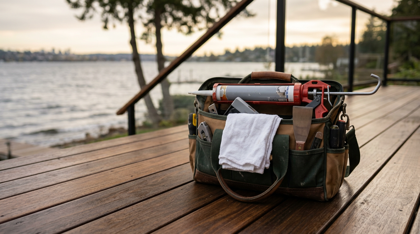 A tool bag with caulking supplies sits on a beautiful deck after a home maintenance service in Kirkland, WA.