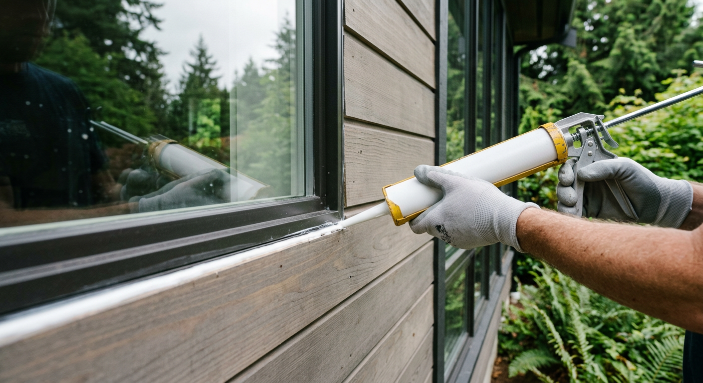Applying a bead of caulk to a window frame as part of a home maintenance program in Kirkland, WA.