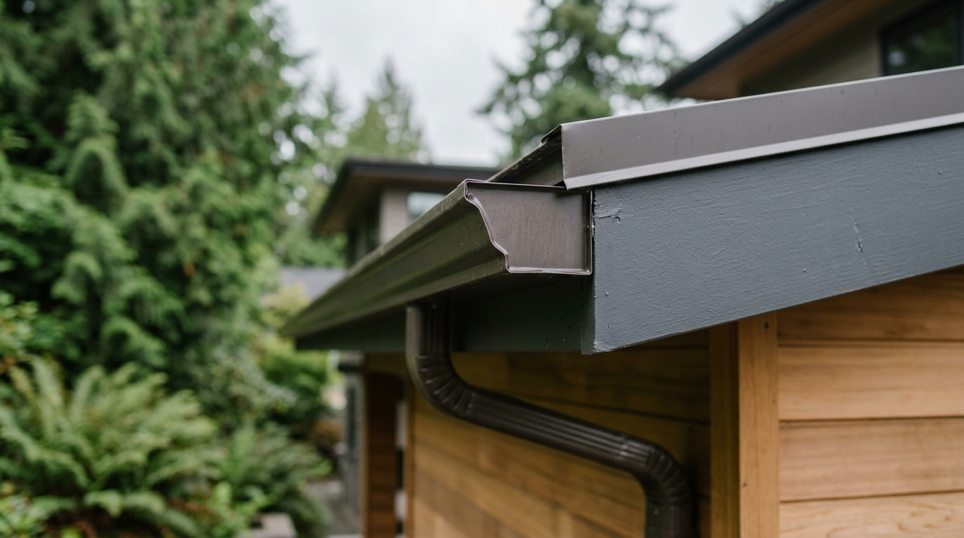 A clean, well-maintained gutter corner on a modern home in Kirkland, WA, after a home maintenance service.