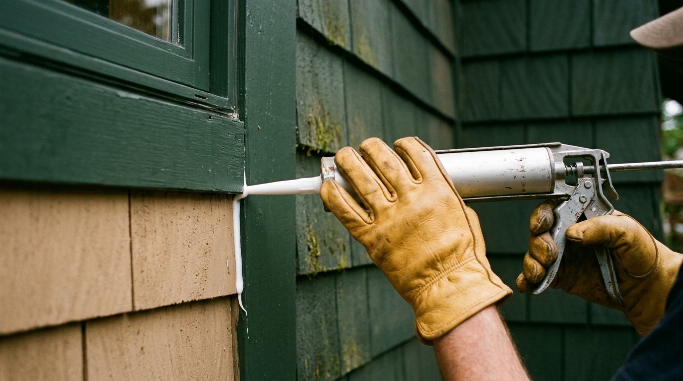 Applying new exterior caulk to a window frame on a Lake Stevens home as part of a seasonal home maintenance program.